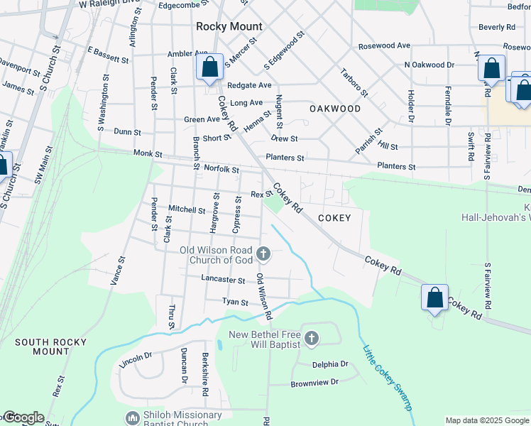 map of restaurants, bars, coffee shops, grocery stores, and more near 1000 Burt Street in Rocky Mount