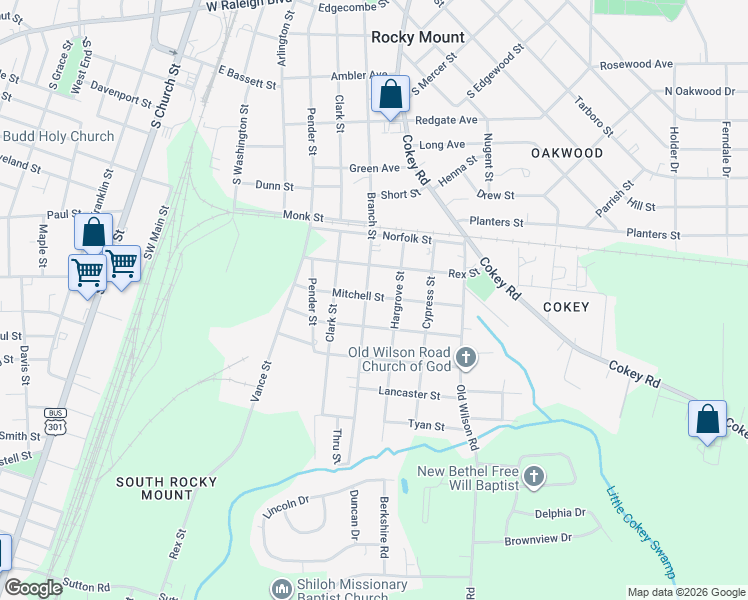 map of restaurants, bars, coffee shops, grocery stores, and more near 1214 Hargrove Street in Rocky Mount
