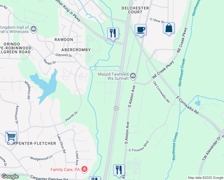 map of restaurants, bars, coffee shops, grocery stores, and more near 3500 Apex Highway in Durham