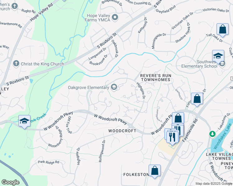 map of restaurants, bars, coffee shops, grocery stores, and more near 3706 Chimney Ridge Place in Durham