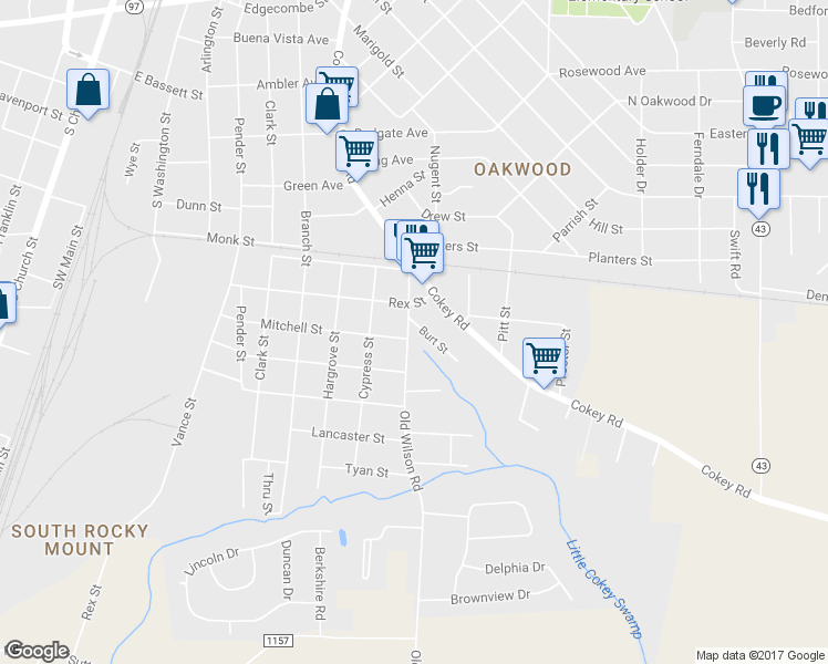 map of restaurants, bars, coffee shops, grocery stores, and more near 1000 Burt Street in Rocky Mount