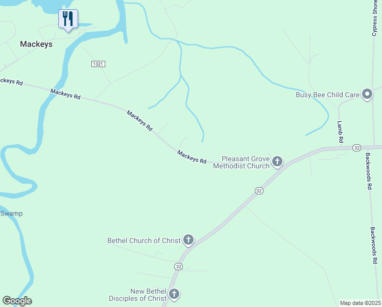 map of restaurants, bars, coffee shops, grocery stores, and more near 8675 Mackeys Road in Roper