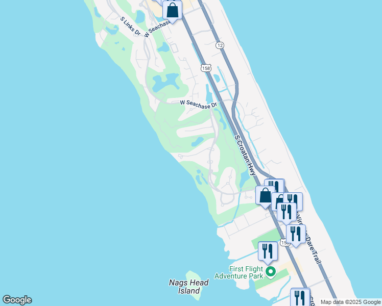 map of restaurants, bars, coffee shops, grocery stores, and more near 113-123 Seabreeze Ct in Nags Head