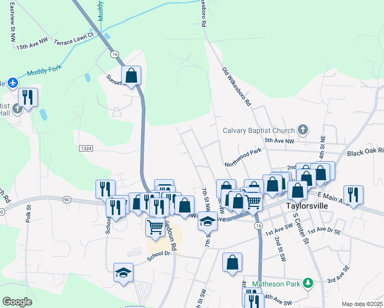 map of restaurants, bars, coffee shops, grocery stores, and more near 306 7th Street Northwest in Taylorsville