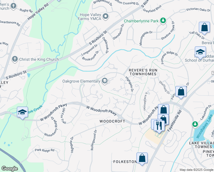 map of restaurants, bars, coffee shops, grocery stores, and more near 3706 Chimney Ridge Place in Durham