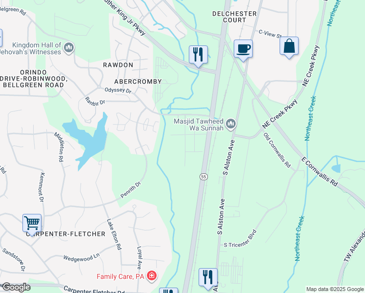 map of restaurants, bars, coffee shops, grocery stores, and more near Crater Lake Way in Durham