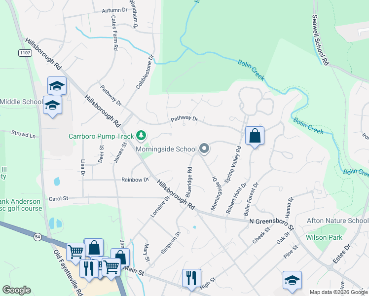 map of restaurants, bars, coffee shops, grocery stores, and more near 305 Blueridge Road in Carrboro