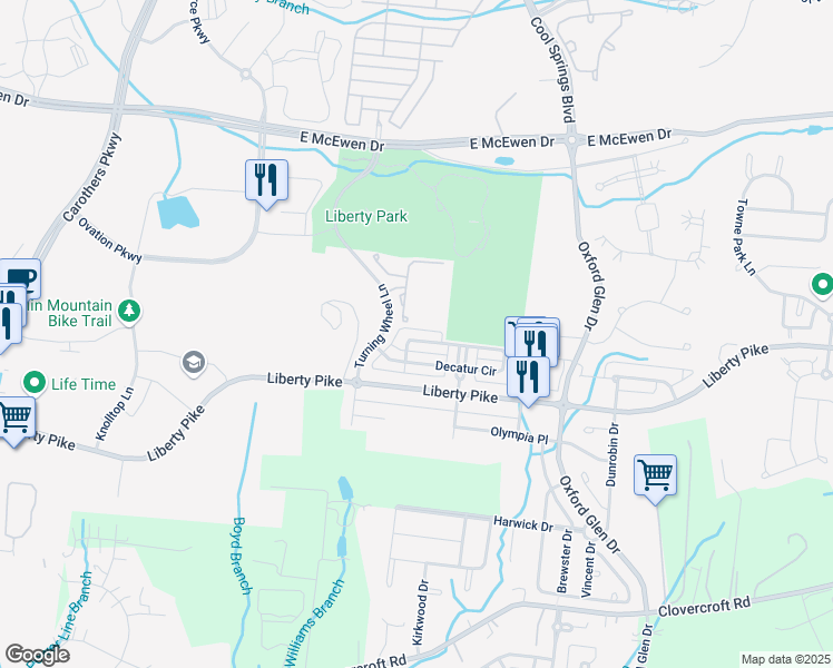 map of restaurants, bars, coffee shops, grocery stores, and more near 1003 Park Run Drive in Franklin