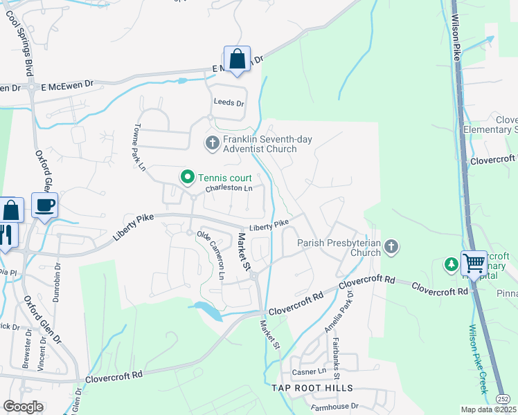 map of restaurants, bars, coffee shops, grocery stores, and more near 1416 Marrimans Court in Franklin