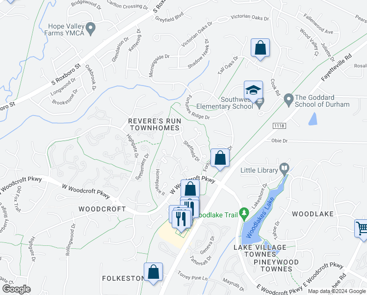 map of restaurants, bars, coffee shops, grocery stores, and more near 5500 Fortunes Ridge Drive in Durham