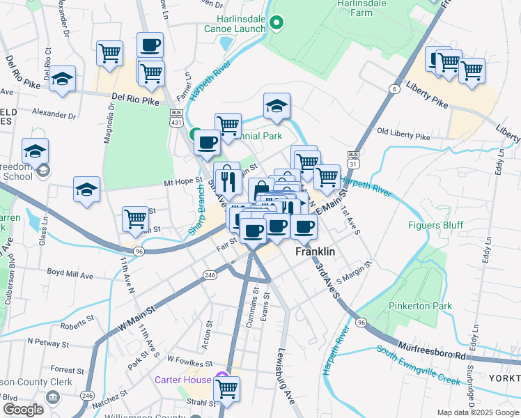 map of restaurants, bars, coffee shops, grocery stores, and more near 316 Bridge Street in Franklin