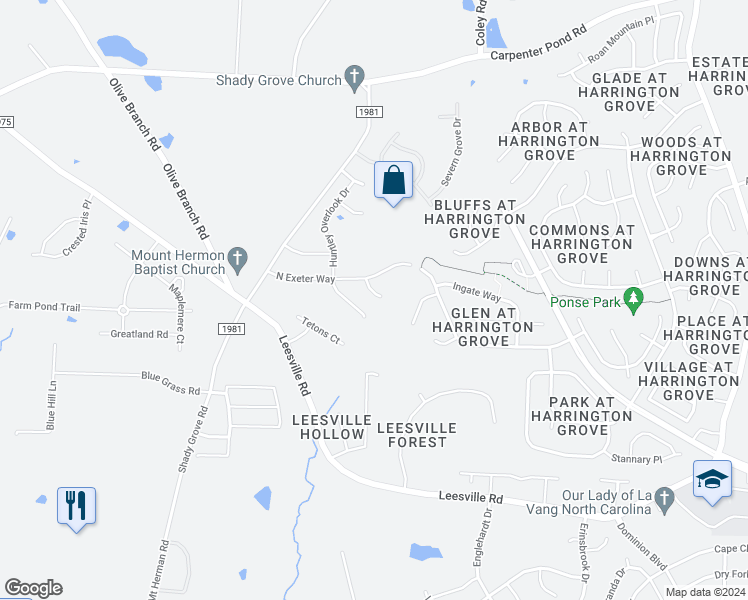 map of restaurants, bars, coffee shops, grocery stores, and more near 5516 Bridgeman Court in Durham