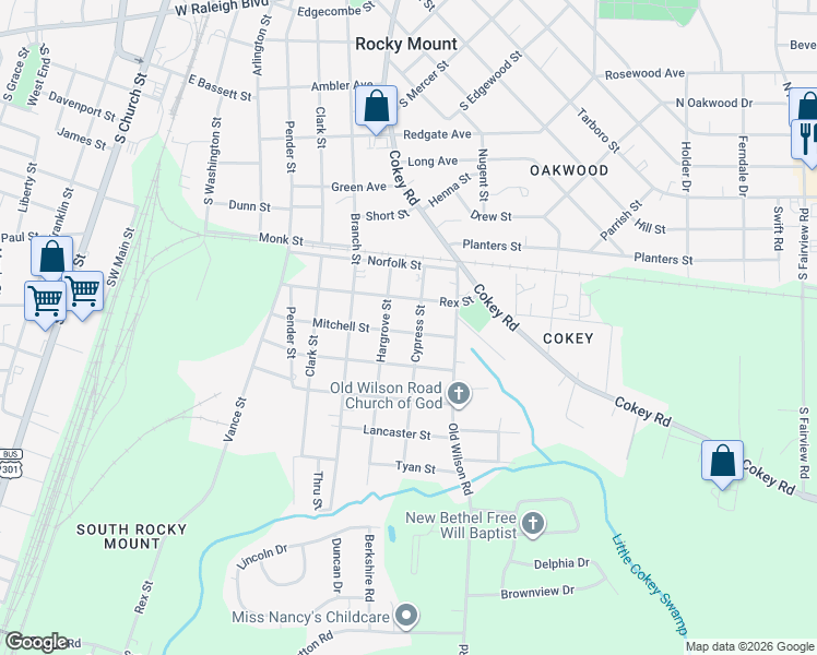 map of restaurants, bars, coffee shops, grocery stores, and more near 1210 Cypress Street in Rocky Mount