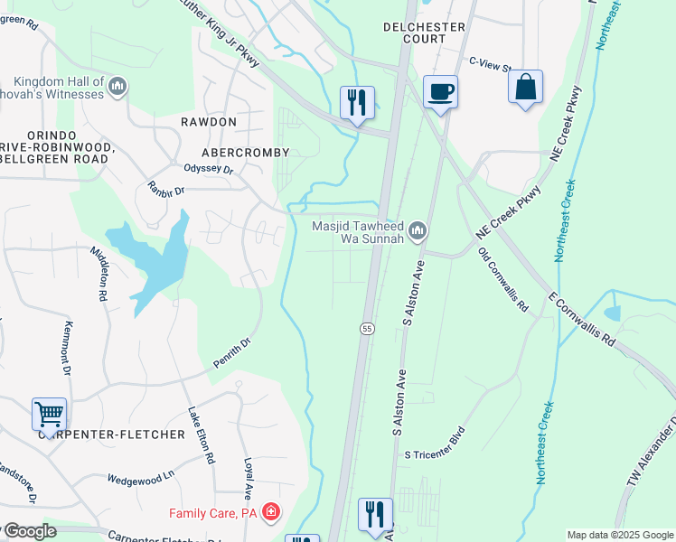 map of restaurants, bars, coffee shops, grocery stores, and more near 3500 Apex Highway in Durham