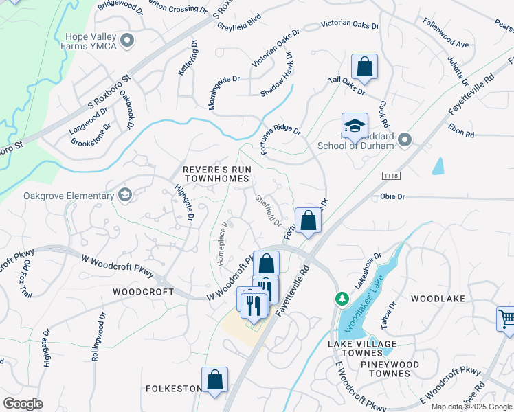 map of restaurants, bars, coffee shops, grocery stores, and more near 5500 Fortunes Ridge Drive in Durham