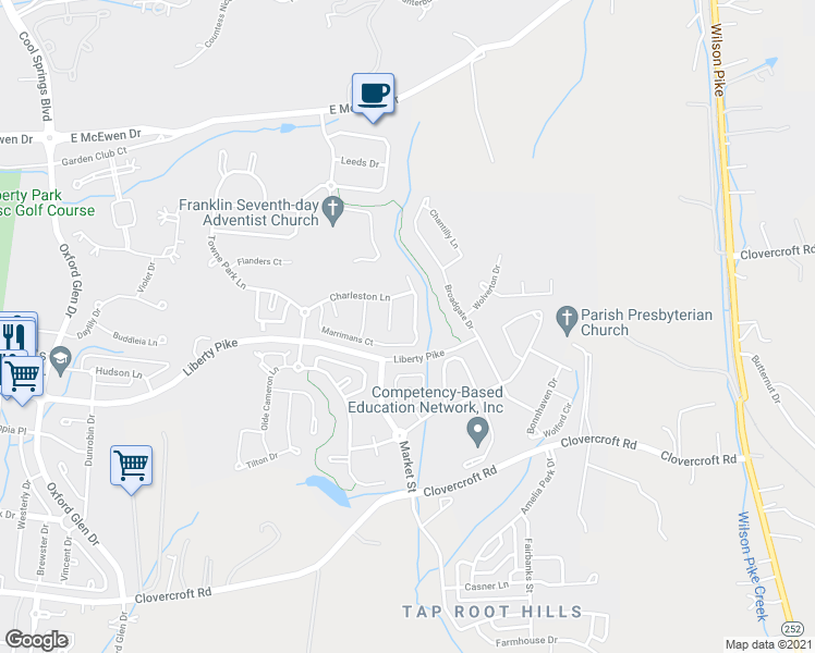 map of restaurants, bars, coffee shops, grocery stores, and more near 1416 Marrimans Court in Franklin