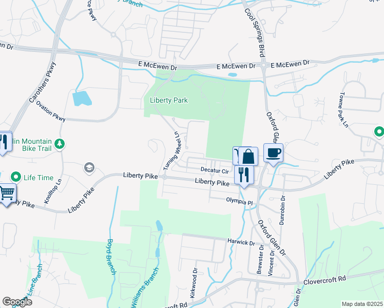 map of restaurants, bars, coffee shops, grocery stores, and more near 1003 Park Run Drive in Franklin