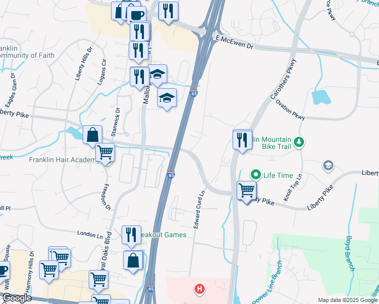 map of restaurants, bars, coffee shops, grocery stores, and more near Liberty Pike in Franklin
