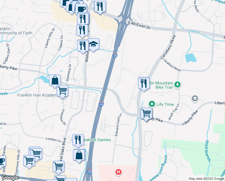 map of restaurants, bars, coffee shops, grocery stores, and more near Liberty Pike in Franklin