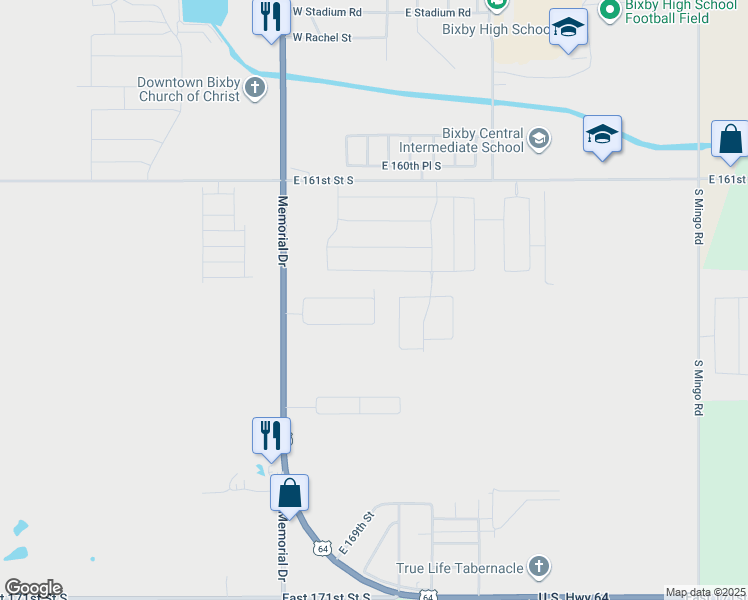 map of restaurants, bars, coffee shops, grocery stores, and more near 8319 East 164th Street South in Bixby