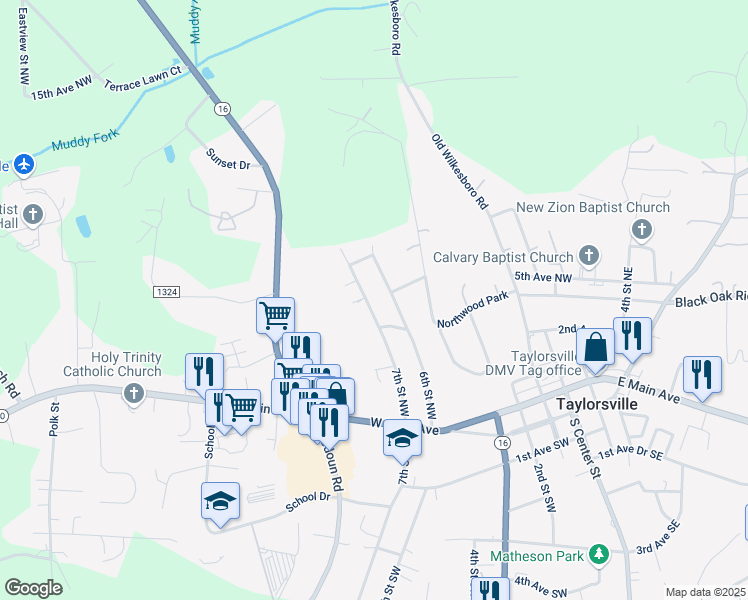 map of restaurants, bars, coffee shops, grocery stores, and more near 306 7th Street Northwest in Taylorsville