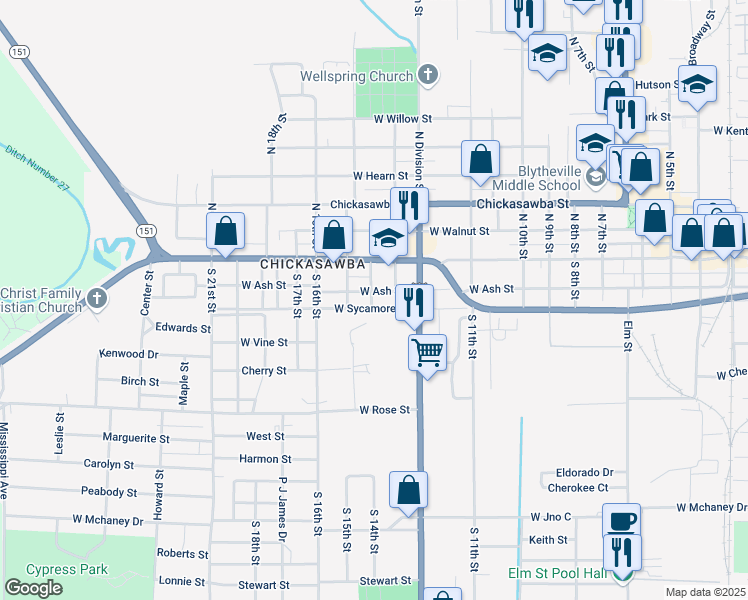 map of restaurants, bars, coffee shops, grocery stores, and more near 1314 West Ash Street in Blytheville