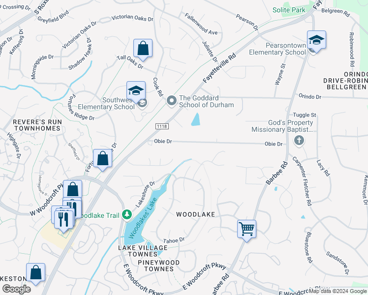 map of restaurants, bars, coffee shops, grocery stores, and more near 202 Obie Drive in Durham