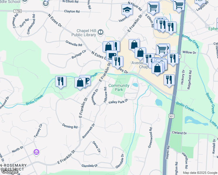 map of restaurants, bars, coffee shops, grocery stores, and more near 1868 Lystra Road in Chapel Hill