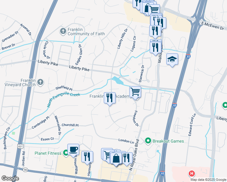 map of restaurants, bars, coffee shops, grocery stores, and more near 3024 Liberty Hills Drive in Franklin