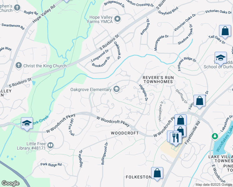 map of restaurants, bars, coffee shops, grocery stores, and more near 3700 Chimney Ridge Place in Durham