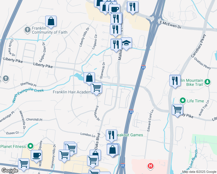 map of restaurants, bars, coffee shops, grocery stores, and more near 28 Franklin Oaks 1 in Franklin