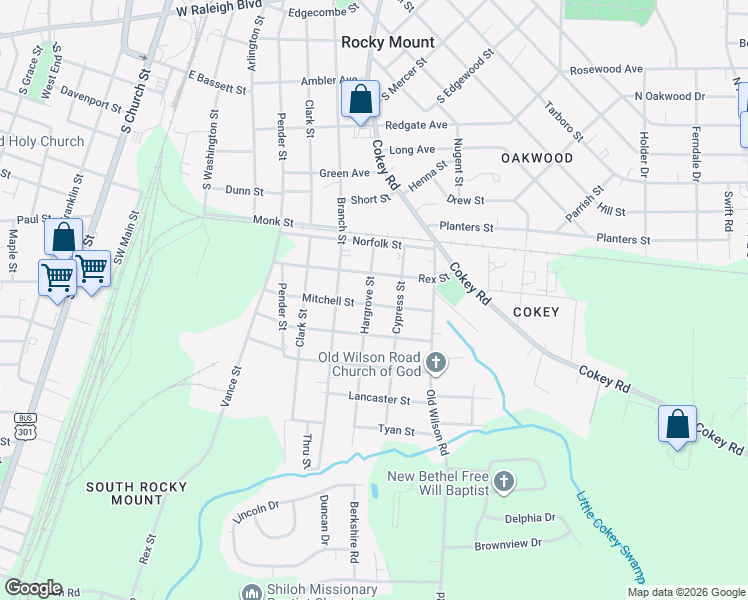 map of restaurants, bars, coffee shops, grocery stores, and more near 1214 Hargrove Street in Rocky Mount
