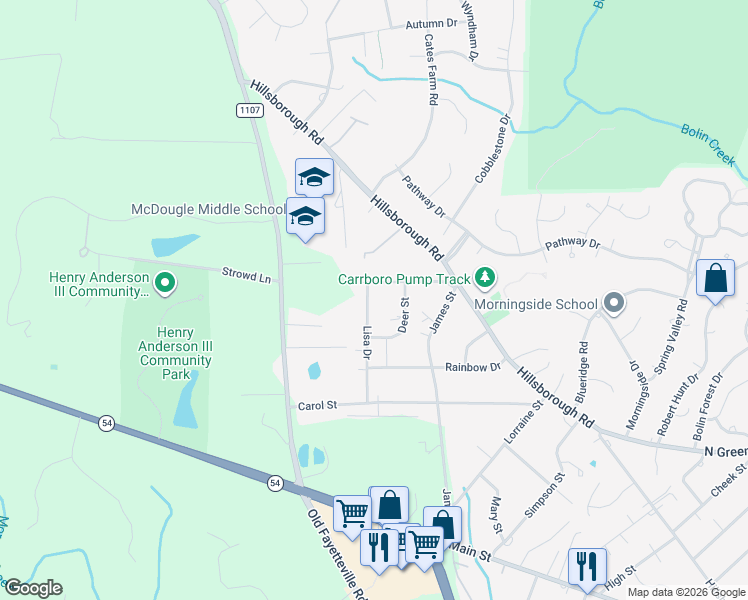map of restaurants, bars, coffee shops, grocery stores, and more near 107 Lisa Drive in Carrboro