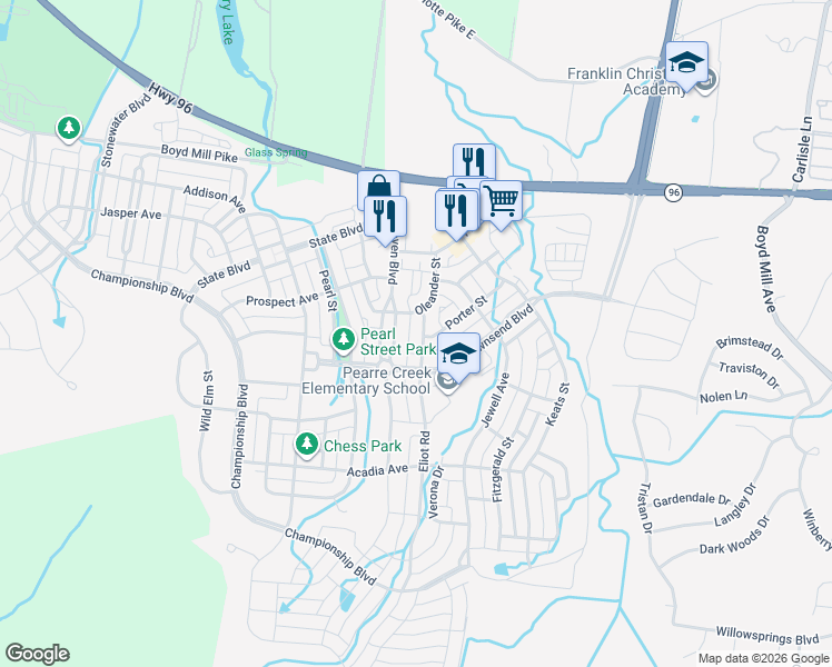 map of restaurants, bars, coffee shops, grocery stores, and more near 1201 Eliot Road in Franklin