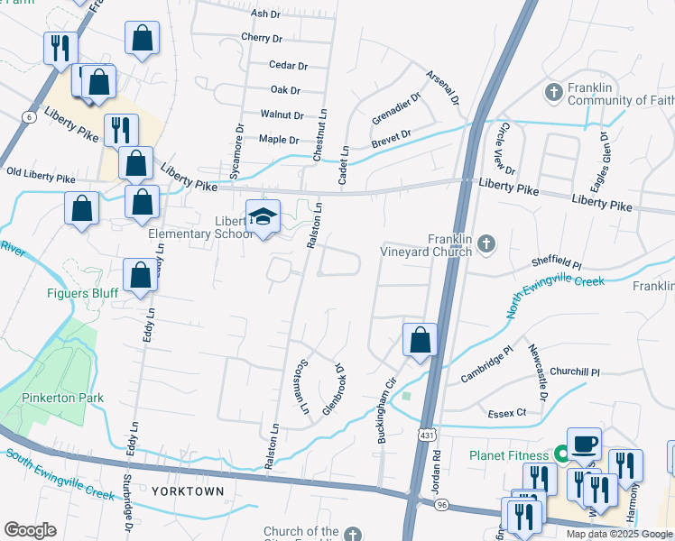 map of restaurants, bars, coffee shops, grocery stores, and more near 261 Granger View Circle in Franklin