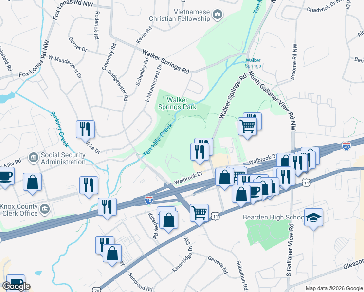 map of restaurants, bars, coffee shops, grocery stores, and more near 210 Cairn Circle Northwest in Knoxville