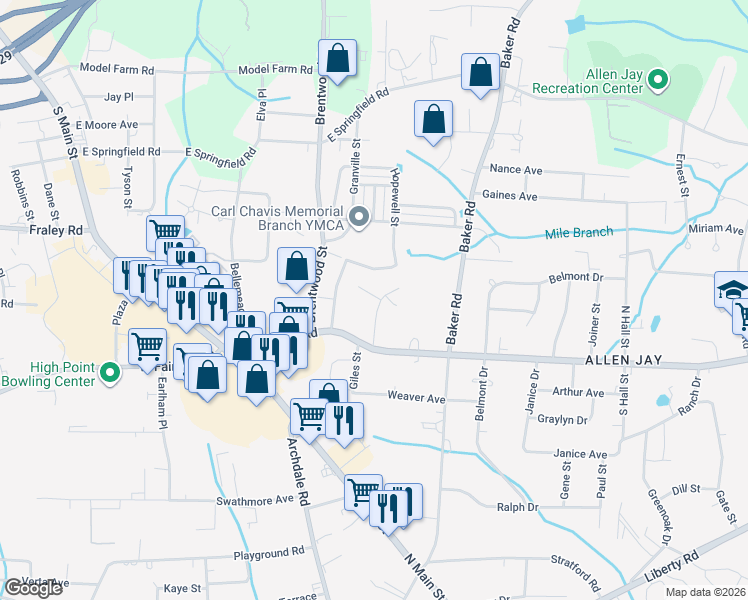 map of restaurants, bars, coffee shops, grocery stores, and more near 203 Thomas Street in Archdale