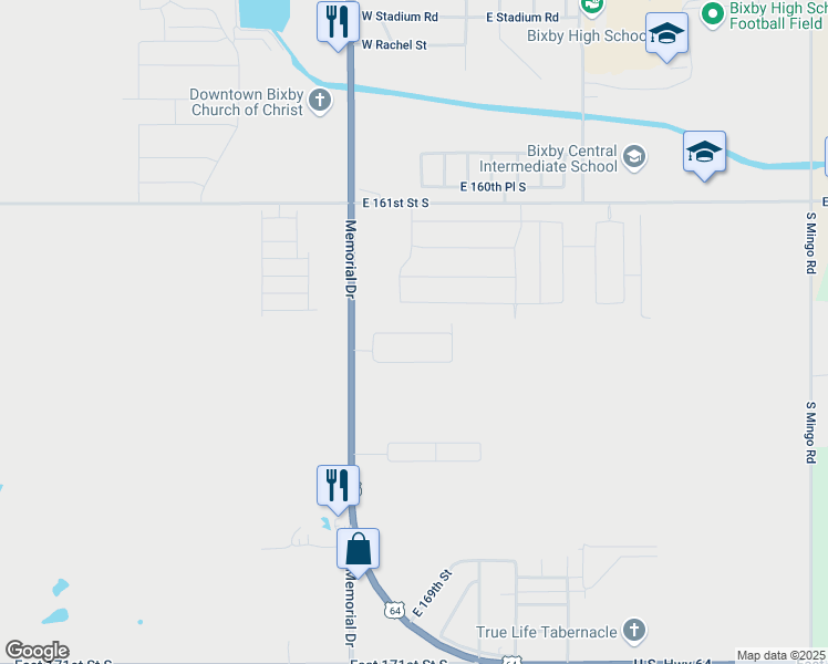 map of restaurants, bars, coffee shops, grocery stores, and more near 8219 East 164th Street South in Bixby