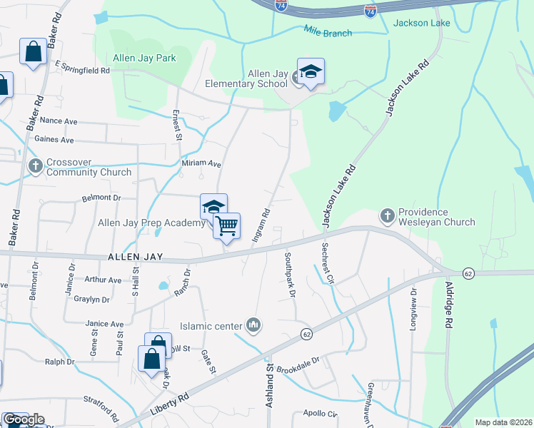 map of restaurants, bars, coffee shops, grocery stores, and more near 2714 Ingram Road in High Point