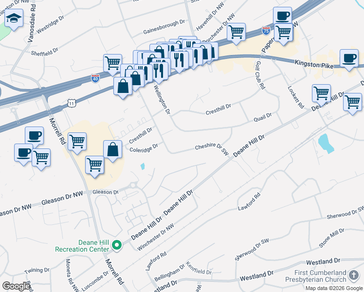 map of restaurants, bars, coffee shops, grocery stores, and more near 7133 Cheshire Drive in Knoxville