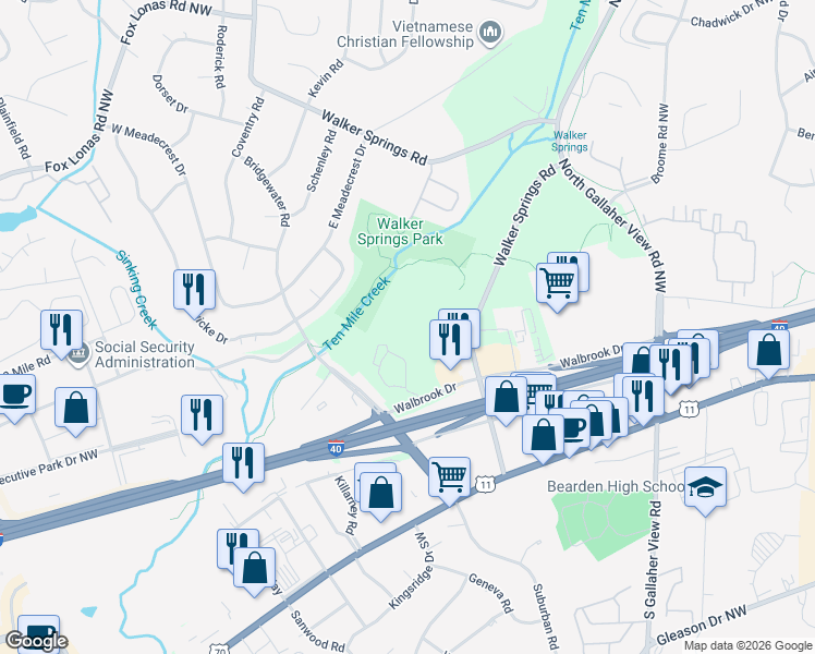 map of restaurants, bars, coffee shops, grocery stores, and more near 213 Norcross Drive Northwest in Knoxville