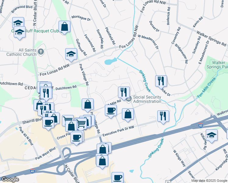 map of restaurants, bars, coffee shops, grocery stores, and more near 9014 Countrywood Drive Northwest in Knoxville