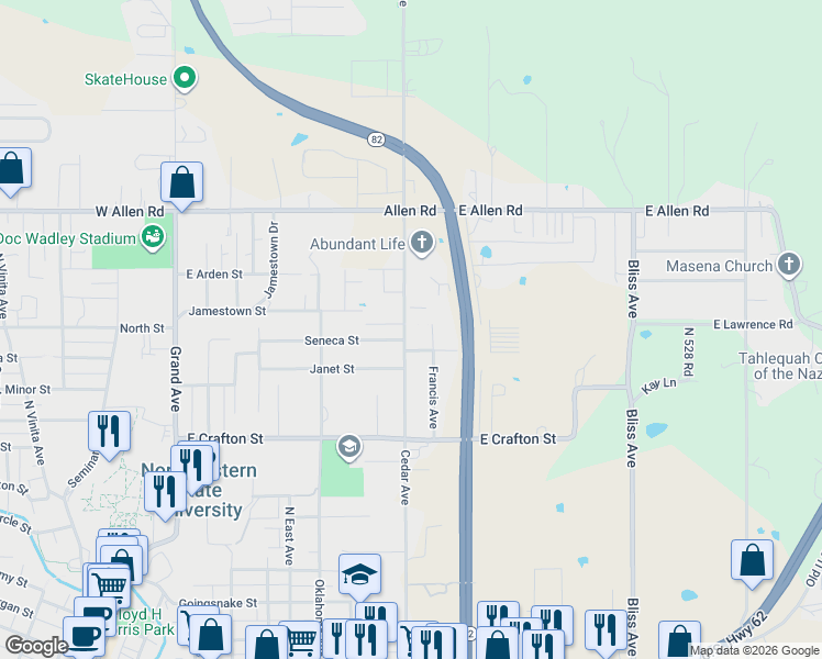 map of restaurants, bars, coffee shops, grocery stores, and more near 1098 Cedar Avenue in Tahlequah