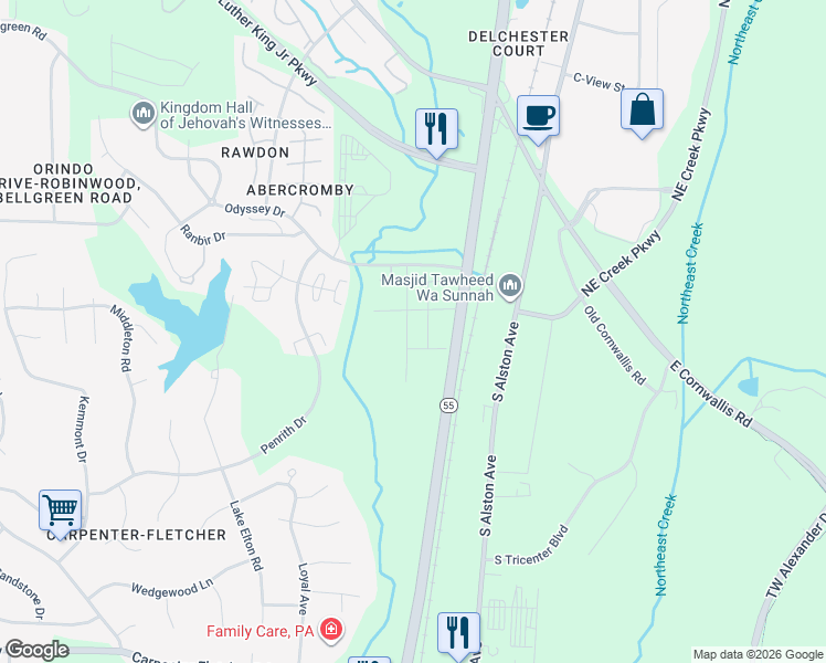 map of restaurants, bars, coffee shops, grocery stores, and more near 1619 Glacier Drive in Durham