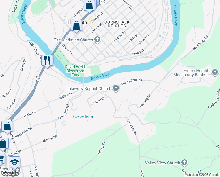 map of restaurants, bars, coffee shops, grocery stores, and more near 127 Tub Springs Road in Harriman
