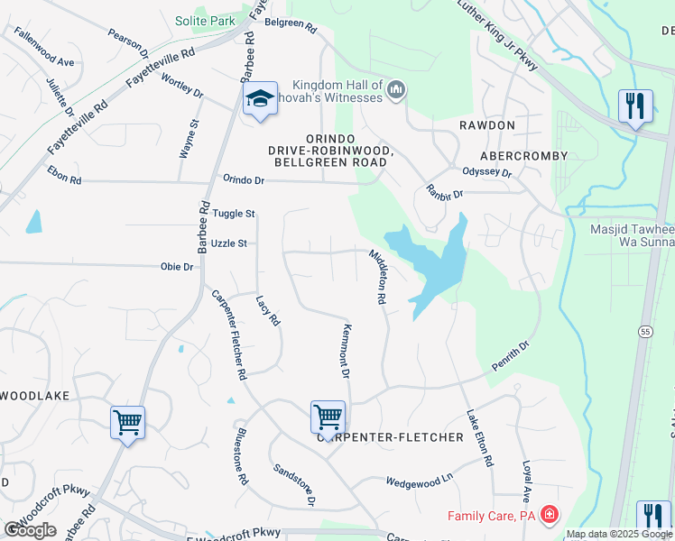 map of restaurants, bars, coffee shops, grocery stores, and more near 5307 Silkwood Drive in Durham
