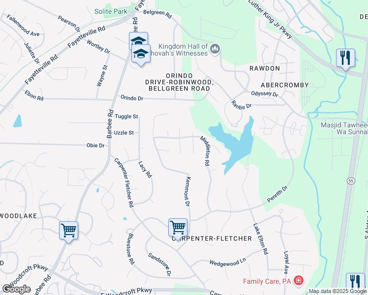 map of restaurants, bars, coffee shops, grocery stores, and more near 5307 Silkwood Drive in Durham