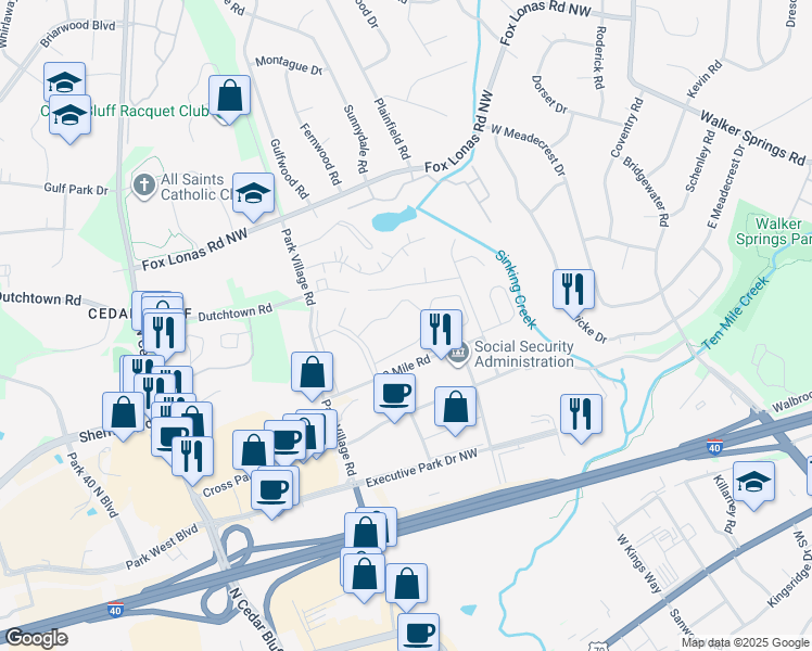 map of restaurants, bars, coffee shops, grocery stores, and more near 9014 Countrywood Drive Northwest in Knoxville