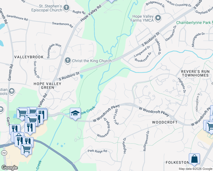 map of restaurants, bars, coffee shops, grocery stores, and more near 52 Barkridge Court in Durham