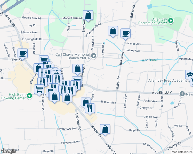 map of restaurants, bars, coffee shops, grocery stores, and more near 117 Thomas Street in Archdale